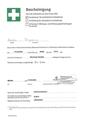 Bescheinigung über die Erste-Hilfe-Ausbildung für Benjamin Karsten