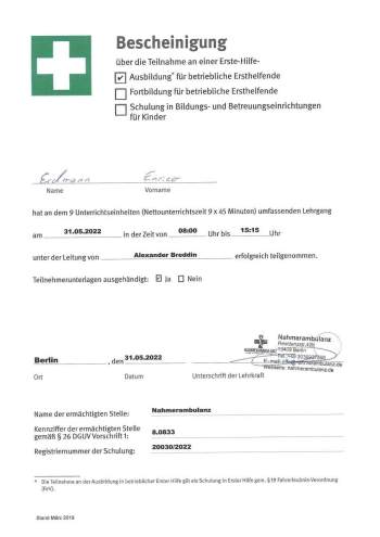 Bescheinigung über die Erste-Hilfe-Ausbildung für Enrico Erdmann