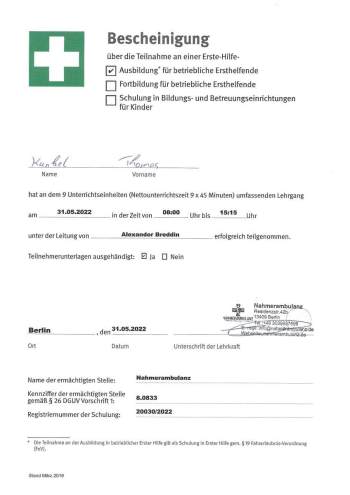 Bescheinigung über die Erste-Hilfe-Ausbildung für Thomas Kunkel