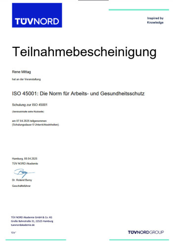 Teilnahmebescheinigung ISO 45001 Arbeitsschutzschulung für René Mittag