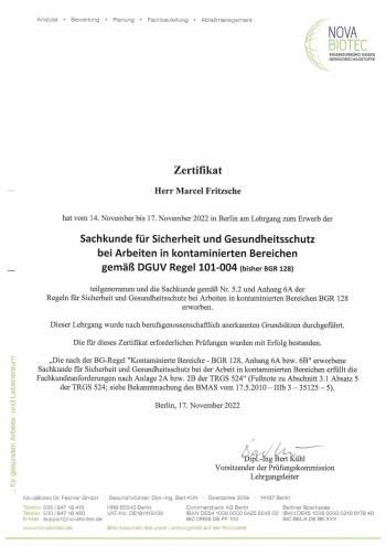 Zertifikat Sachkunde Sicherheit und Gesundheitsschutz nach DGUV Regel 101-004 für Marcel Fritzsche