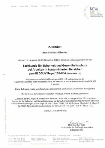 Zertifikat Sachkunde Sicherheit und Gesundheitsschutz nach DGUV Regel 101-004 für Matthias Klawiter