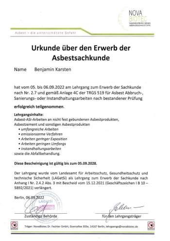 Urkunde über den Erwerb der Asbestsachkunde nach TRGS 519 für Benjamin Karsten