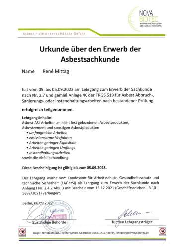 Urkunde über den Erwerb der Asbestsachkunde nach TRGS 519 für René Mittag