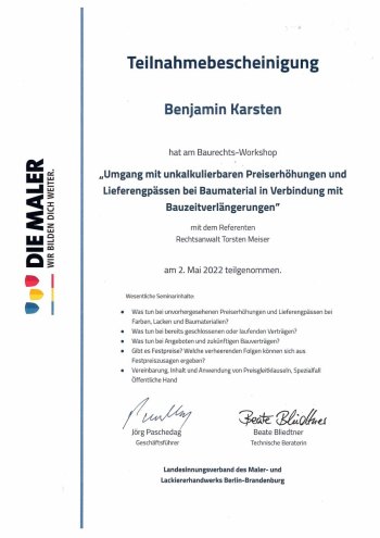 Teilnahmebescheinigung für Benjamin Karsten am Baurechts-Workshop „Umgang mit unkalkulierbaren Preiserhöhungen und Lieferengpässen bei Baumaterial in Verbindung mit Bauzeitverlängerungen“ vom 2. Mai 2022