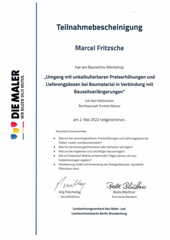 Teilnahmebescheinigung für Marcel Fritzsche am Baurechts-Workshop „Umgang mit unkalkulierbaren Preiserhöhungen und Lieferengpässen bei Baumaterial in Verbindung mit Bauzeitverlängerungen“ vom 2. Mai 2022
