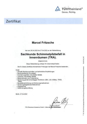 TÜV Rheinland Zertifikat für Marcel Fritzsche über die Weiterbildung „Sachkunde Schimmelpilzbefall in Innenräumen (TRA)