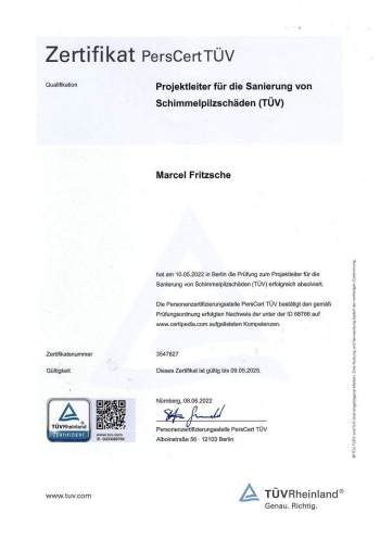 PersCert TÜV-Zertifikat für Marcel Fritzsche als Projektleiter für die Sanierung von Schimmelpilzschäden (TÜV)