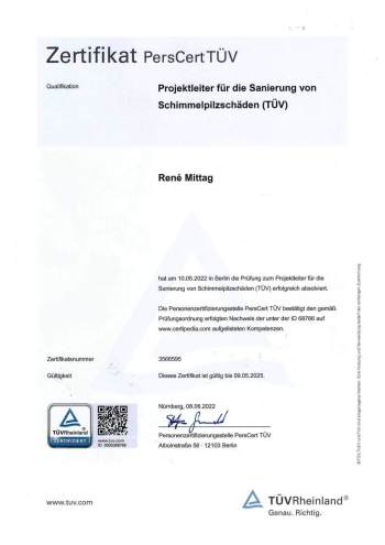 PersCert TÜV-Zertifikat für René Mittag als Projektleiter für die Sanierung von Schimmelpilzschäden (TÜV)