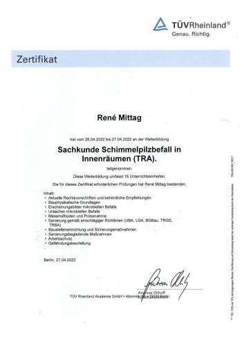 TÜV Rheinland Zertifikat für René Mittag über die Weiterbildung „Sachkunde Schimmelpilzbefall in Innenräumen (TRA)