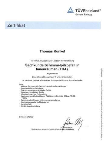TÜV Rheinland Zertifikat für Thomas Kunkel über die Weiterbildung „Sachkunde Schimmelpilzbefall in Innenräumen (TRA)