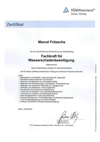 TÜV Rheinland Zertifikat für Marcel Fritzsche über die Weiterbildung „Fachkraft für Wasserschadenbeseitigung
