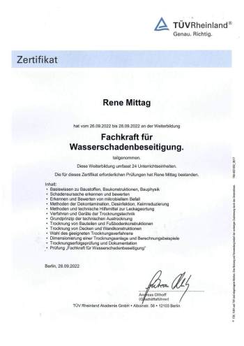 TÜV Rheinland Zertifikat für René Mittag über die Weiterbildung „Fachkraft für Wasserschadenbeseitigung